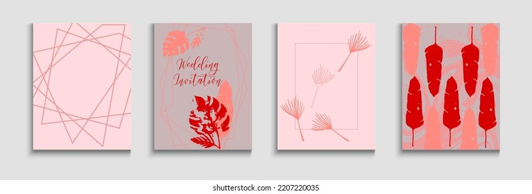 Abstract Asian Vector Flyers Set. Hand Drawn Minimal Background. Geometric Border Pattern. Painted Lines Shapes in Oriental Style. Soft, Elegant Invitation Design. Tie-Dye, Tropical Leaves Covers