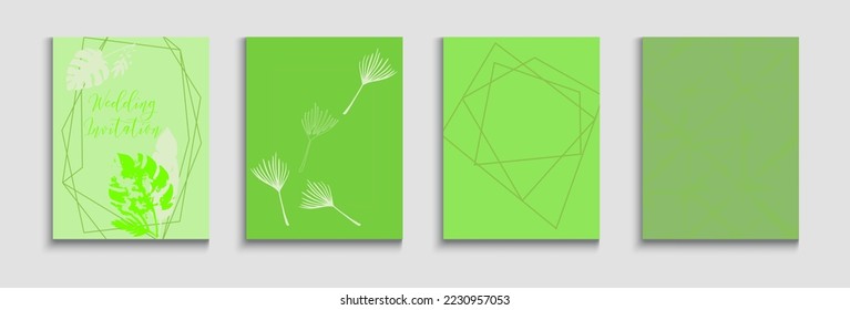Abstract Asian Vector Flyers Set. Geometric Frame Texture. Painted Lines Forms in Oriental Style. Soft, Elegant Invitation Template. Hand Drawn Minimal Background. Tie-Dye, Tropical Leaves Posters