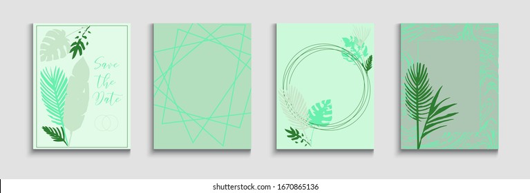 Abstract Asian Vector Posters Set. Hand Drawn Minimal Background. Soft, Elegant Magazine Layout. Painted Shapes Lines in Oriental Style. Geometric Frame Texture. Tie-Dye, Tropical Leaves Flyers
