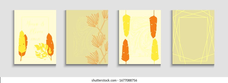 Abstract Asian Vector Posters Set. Painted Lines Forms in Oriental Style. Hand Drawn Minimal Background. Soft, Elegant Invitation Layout. Tie-Dye, Tropical Leaves Banners Geometric Border Texture.