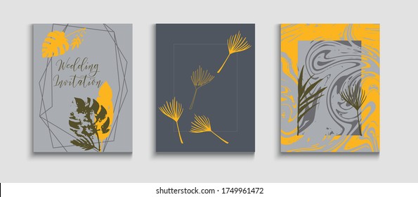 Abstract Asian Vector Posters Set. Soft Banana Leaves Magazine Layout. Japanese Style Invitation. Tie-Dye, Tropical Leaves Covers. Hand Drawn Hipster Background. Geometric Frame Pattern.