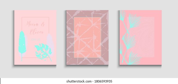 Abstract Asian Vector Posters Set. Hand Drawn Retro Background. Geometric Border Texture. Noble Banana Leaves Magazine Template. Oriental Style Invitation. Tie-Dye, Tropical Leaves Banners.