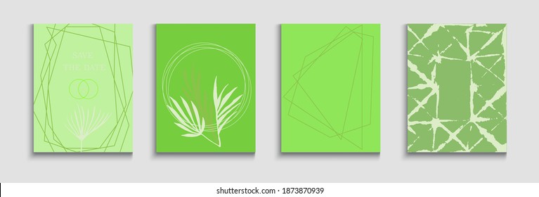 Resumen conjunto de pósters vectores asiáticos. Fondo Mínimo De La Mano. Formas pintadas en estilo oriental. Hojas Tropicales, De Color Tejido, Cubren El Patrón De Borde Geométrico. Plantilla de Revista suave y elegante.