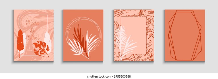 Abstract Asian Vector Posters Set. Painted Forms Shapes in Oriental Style. Geometric Frame Pattern. Soft, Elegant Invitation Template. Hand Drawn Minimal Background. Tie-Dye, Tropical Leaves Banners