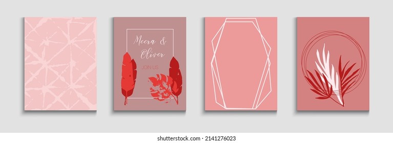 Abstract Asian Vector Posters Set. Geometric Frame Texture. Tie-Dye, Tropical Leaves Flyers. Hand Drawn Vintage Background. Noble Banana Leaves Magazine Layout. Japanese Style Invitation.