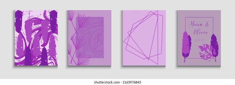 Resumen conjunto de pósters vectores asiáticos. Formularios de líneas pintadas en estilo oriental. Tejido, Hojas Tropicales, Barajas Suaves, Elegante Diseño De Invitación. Textura del marco geométrico. Fondo Mínimo De La Mano.
