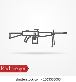 Abstract assault machine gun. Isolated icon in line style with shadow. Typical army large-caliber weapon. Military vector stock image.