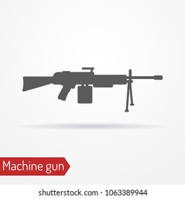 Abstract assault machine gun. Isolated icon in silhouette style with shadow. Typical army large-caliber weapon. 