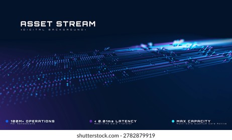 Abstract asset stream background with glowing blue data lines. Future digital finance concept presenting fast network transfer. Modern business economy graphic for global market connection.