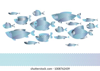 Abstract assorted  blue silver  fish pattern for card, invitation, poster, graphic design. Concept decorative seafood vector illustration
