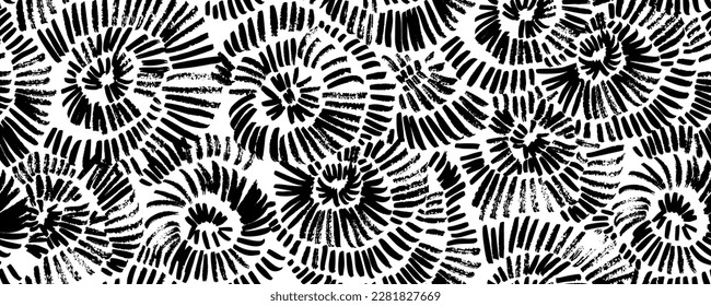 Abstract aster or dandelion seamless pattern. Brush drawn linear chrysanthemum flowers, radial circles, sunbursts. Dry brush style floral motives. Simple doodle or linear botanical abstract wallpaper.