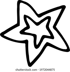 Abstract asterisk. Festive doodle. Simple figure. Small star inside big one. Clip-art in themes of Christmas, New Year, astronomy. Isolated black element for design of baby icon, pattern, illustration