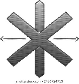 Abstract asterisk symbol with arrows in monochrome pixels.