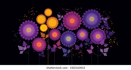 Abstract asters vector color illustration. Geometrical flowers with leaves on stems. Pink chrysanthemum blossoms, spring garden. Daisies purple and violet petals, botanical backdrop
