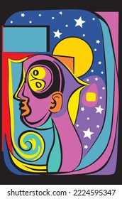 Abstract astronaut in the space, Picasso style illustration.