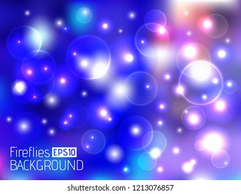 Abstract astronomical blurred background. Blue and purple night city lights design. Colorful wallpaper with fireflies and shining sparkles. Holiday, New year and Christmas vector illustration.