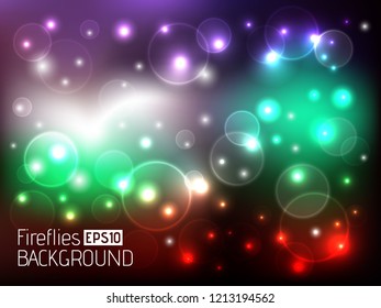 Abstract astronomical blurred background. Red, purple and green night city lights design. Colorful wallpaper with fireflies and shining sparkles. Holiday, New year and Christmas vector illustration.