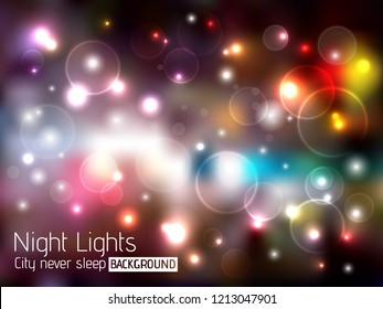 Abstract astronomical blurred background. Varicolored night city lights design. Colorful wallpaper with fireflies and shining sparkles. Holiday, New year and Christmas vector illustration.