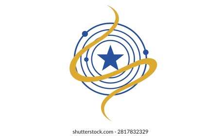 Abstract astronomical logo featuring a blue star surrounded by orbital rings and a golden energy wave.