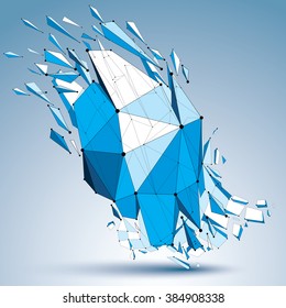 Abstract asymmetric blue vector low poly wrecked object with different triangular particles. 3d origami futuristic form with lines mesh and black connected dotted lines.