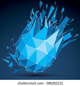 Abstract asymmetric blue vector low poly wrecked object with different triangular particles. 3d origami futuristic form with 3d mesh and white connected dotted lines.