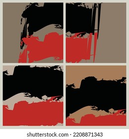 Abstract  asymmetric pattern. Brush strokes grunge texture. Vector black red ornament, patchwork quilt style. Digital freehand art backgrounds set for flyer, poster, cover, textile fabric print