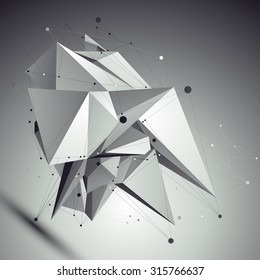 Abstract asymmetric vector black and white object with lines mesh placed over shaded background.