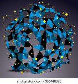 Abstract asymmetric vector blue structure with yellow wire mesh, complicated geometric shape. Lace colored figure.
