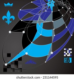 Abstract asymmetric vector dark colorful background with royal elements, stars and crown. 