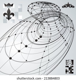 Abstract asymmetric vector monochrome background with royal elements, stars and crown. 