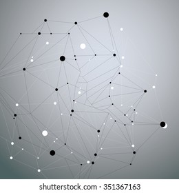 Abstract asymmetric vector monochrome object with black lines mesh, complicated geometric shape.