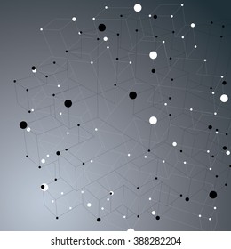 Abstract asymmetric vector monochrome structure with black and white wire mesh, complicated geometric shape. Lace grayscale figure on dark backdrop.