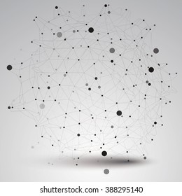 Abstract asymmetric vector monochrome structure with black wire mesh, complicated geometric shape. Lace grayscale figure.