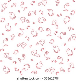 Abstract asymmetrical background of flowers. Red bells of different sizes and configurations on a white background. For web design, wrapping paper, texture, vector, art illustration