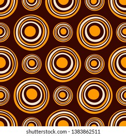 Abstract asymmetrical circles seamless pattern. Australian aboriginal ornament. Aboriginal painting style. Doodle sketch style. Minimalistic graphic print. Bright colors. Vector color illustration.