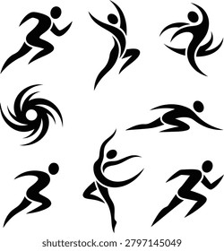Abstract athlete figures. Running people. Dancing silhouettes. Energetic body movement. Sports action graphics pack.