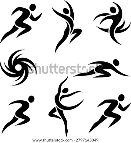 Abstract athlete figures. Running people. Dancing silhouettes. Energetic body movement. Sports action graphics pack.