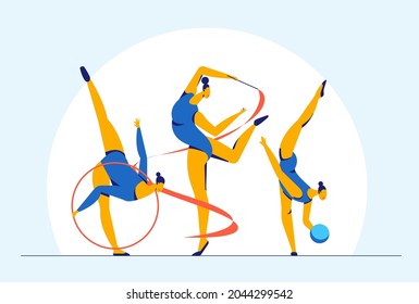 Abstract athlete girl gymnast Performing Rhythmic Gymnastics Elements with Ball, Ribbon, Vector Illustration