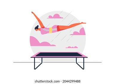 Abstract Athlete gymnast girl with flying in the air pose after use springs board, completition gymnastic games in cartoon character, vector illustration