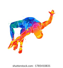 Abstract athlete jumps in height from splash of watercolors. Vector illustration of paints