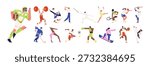 Abstract athletes with geometric shape set. Basketball, football, volleyball, tennis and baseball players. Sportsmen play soccer, ice hockey, rugby. Flat isolated vector illustrations on white