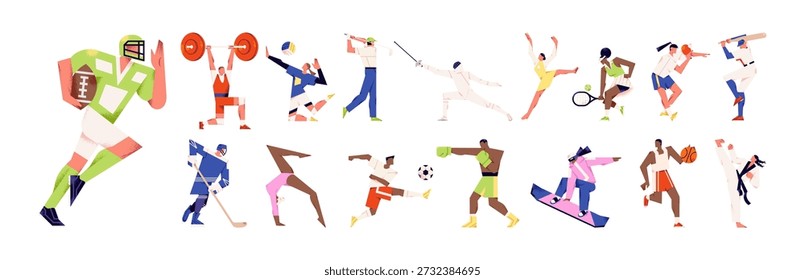 Deportistas Abstractas con juego de formas geométricas. Jugadores de baloncesto, fútbol, voleibol, tenis y béisbol. Los deportistas juegan fútbol, hockey sobre hielo, rugby. Ilustraciones vectoriales aisladas planas en blanco