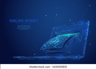 Abstract ATM on laptop screen. Digital technology blue background. Online money concept. Low poly wireframe illustration with polygons, lines, particles and connected dots. Internet banking or job.