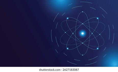 Projeto de átomo abstrato com partículas brilhantes e linhas digitais em um fundo azul perfeito para a tecnologia da ciência