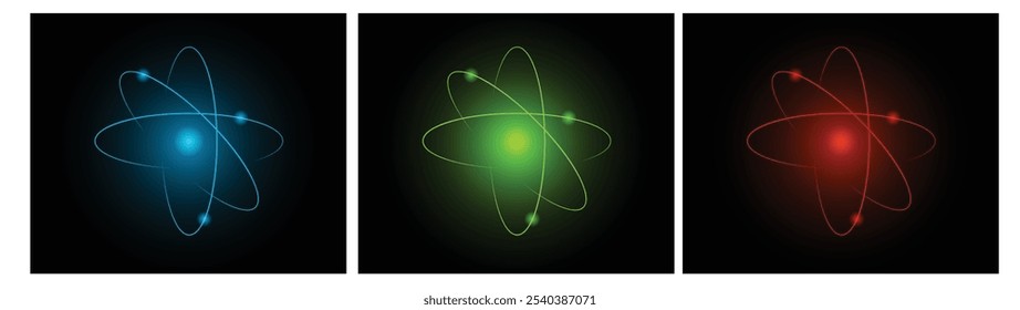 Abstract Atom with Electrons on Orbits on Dark Background Scientific Illustration. Sci-fi and advanced modern technology concept vector art
