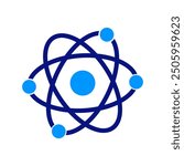 Abstract atom icon with dark blue orbiting rings and four blue spheres, clean geometric design, white background, science and innovation symbol, clear, modern, and minimalistic, dynamic energy visual.