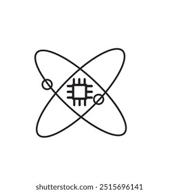Abstraktes Atom-Symbol mit dunkelblauen umlaufenden Ringen und vier blauen Kugeln, sauberes geometrisches Design, weißer Hintergrund, Symbol für Wissenschaft und Innovation, klar,