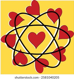 Abstract atom icon. Vector illustration. Atom with electrons in heart shape in flat design. Symbol of the molecule or atom, isolated.