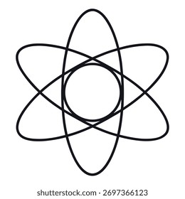 Abstract atom symbol with orbiting electrons on white background.