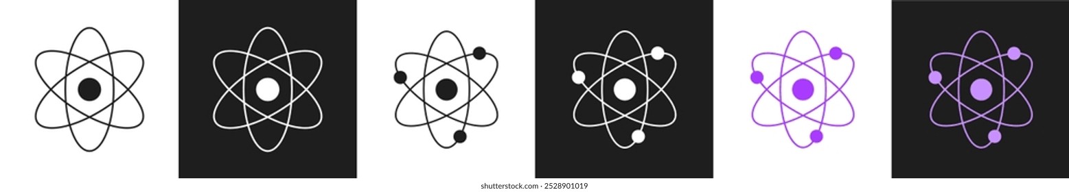 Ícones atômicos abstratos definidos isoladamente em fundo preto e branco. Conceito de ilustração científica, molécula, física, símbolo nuclear. Design moderno, gráfico educacional, representação de átomos.